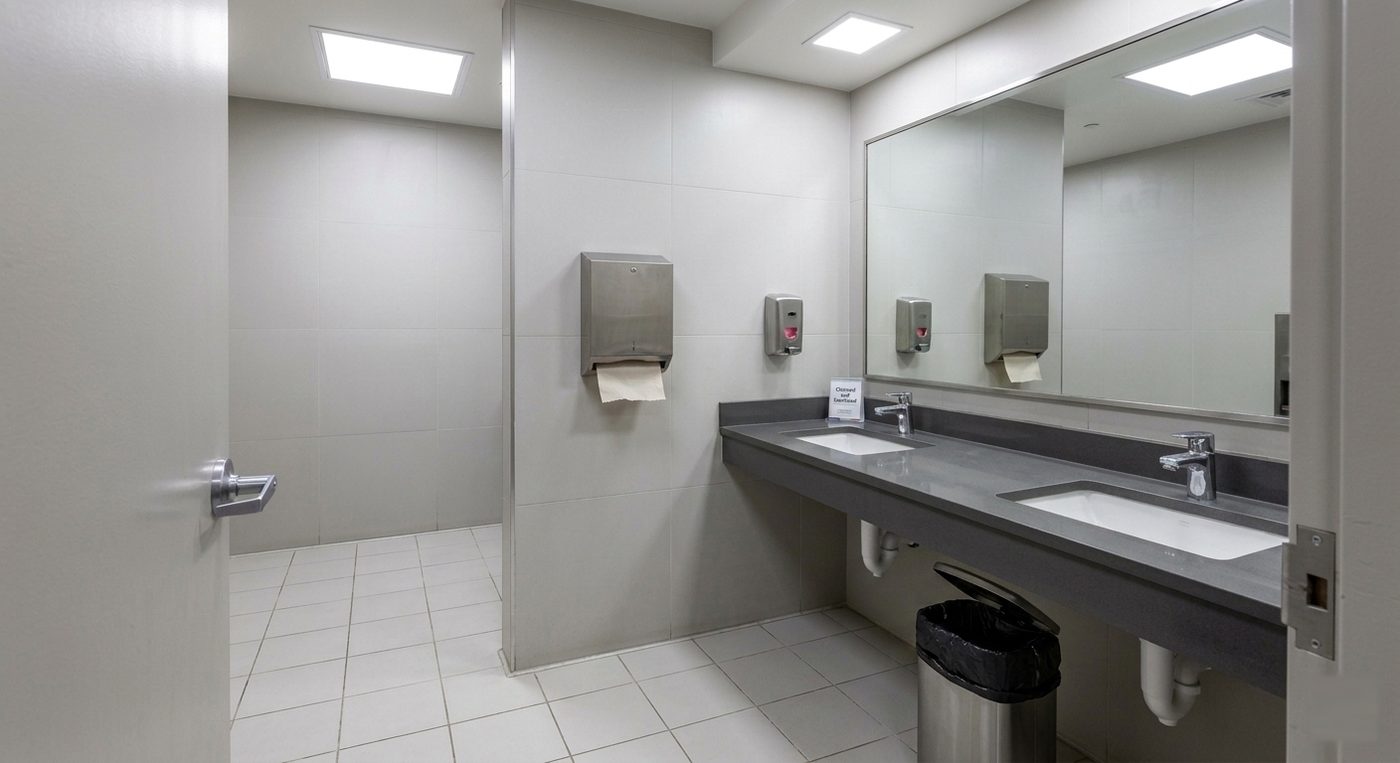 Commercial restroom spotless after a KO Commercial Cleaning service