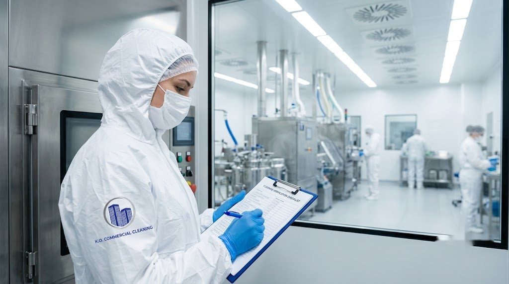 KO cleanroom technician documenting the clean