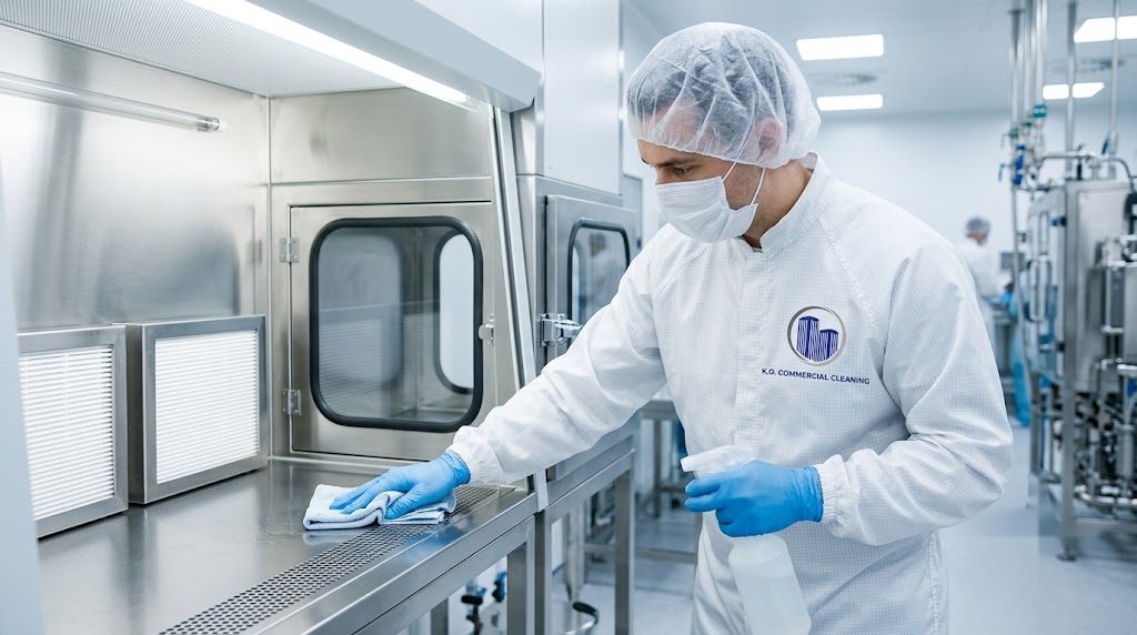 KO technician wiping down cleanroom surfaces