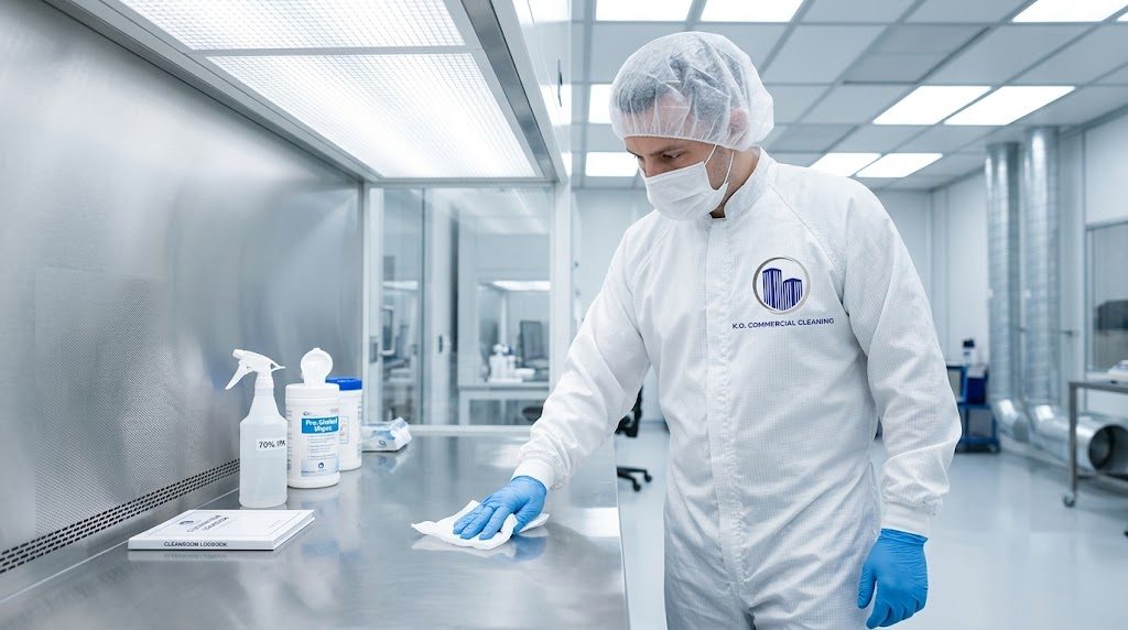 KO technician cleaning a cleanroom workbench