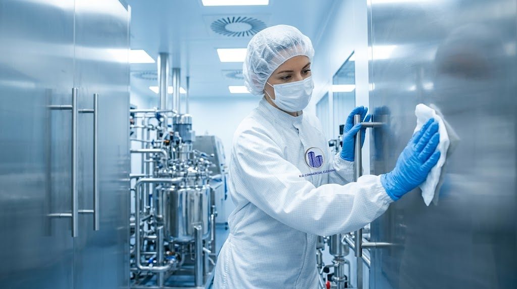 KO technician sanitizing a cleanroom surface