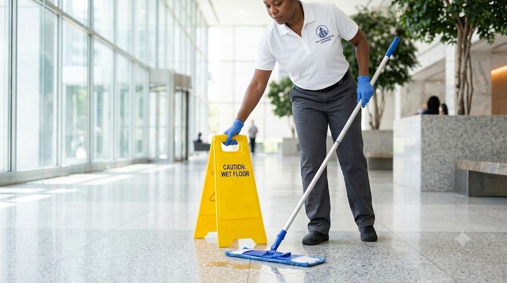 KO porter responding to a spill in a common area with a wet-floor sign