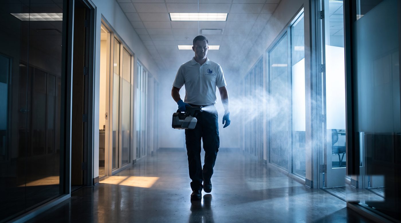 KO technician disinfecting high-touch surfaces