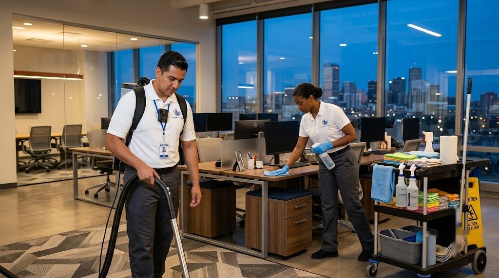KO Commercial Cleaning janitorial crew servicing a Denver office