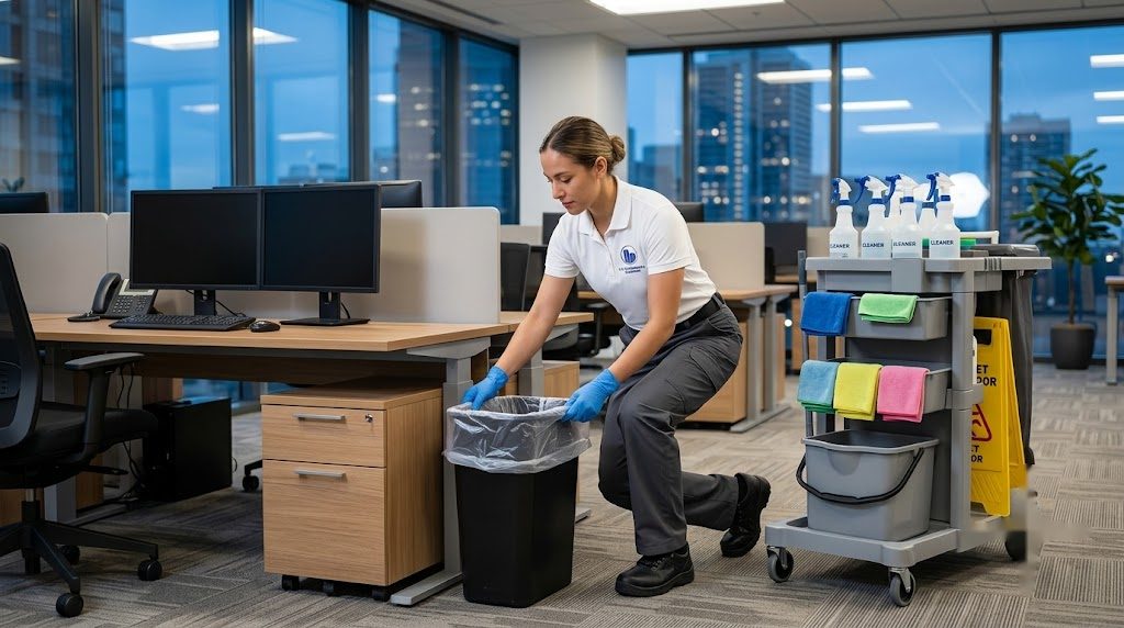 KO cleaner replacing a trash liner during janitorial service