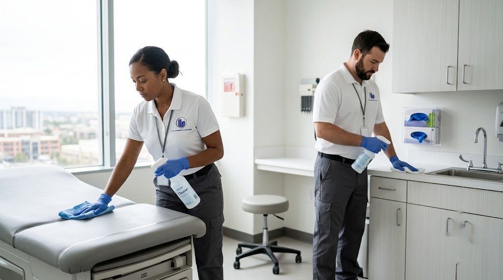 KO Commercial Cleaning disinfecting a medical exam room