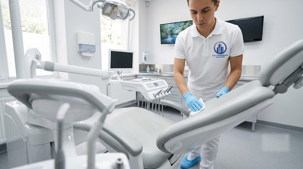 KO cleaner disinfecting a high-touch surface in a clinic