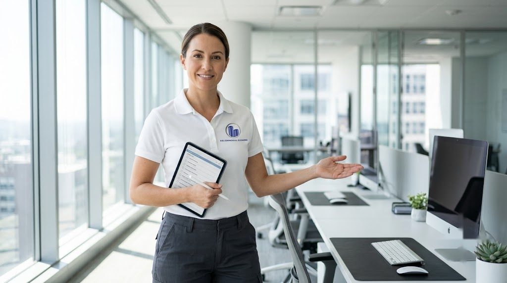 KO Commercial Cleaning supervisor reviewing an office cleaning checklist