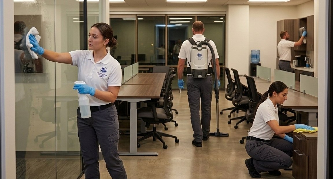 The K.O. Commercial Cleaning crew servicing a Denver office — glass, floors, and detail work