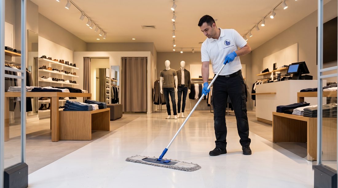 KO Commercial Cleaning cleaning a retail storefront entrance
