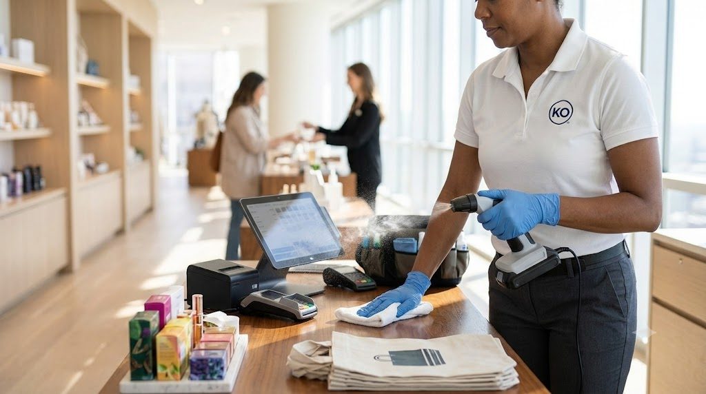 KO cleaner sanitizing a retail checkout counter
