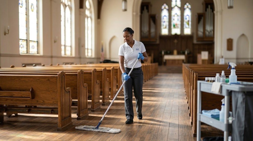 KO Commercial Cleaning cleaning a church sanctuary floor