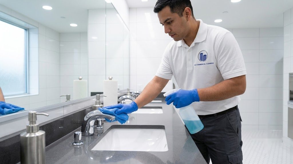 KO cleaner sanitizing a school restroom