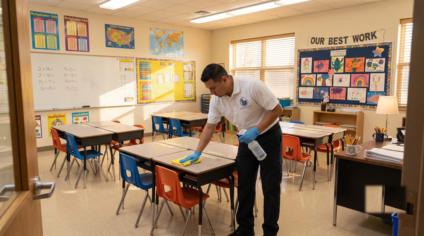 KO cleaner disinfecting classroom desktops