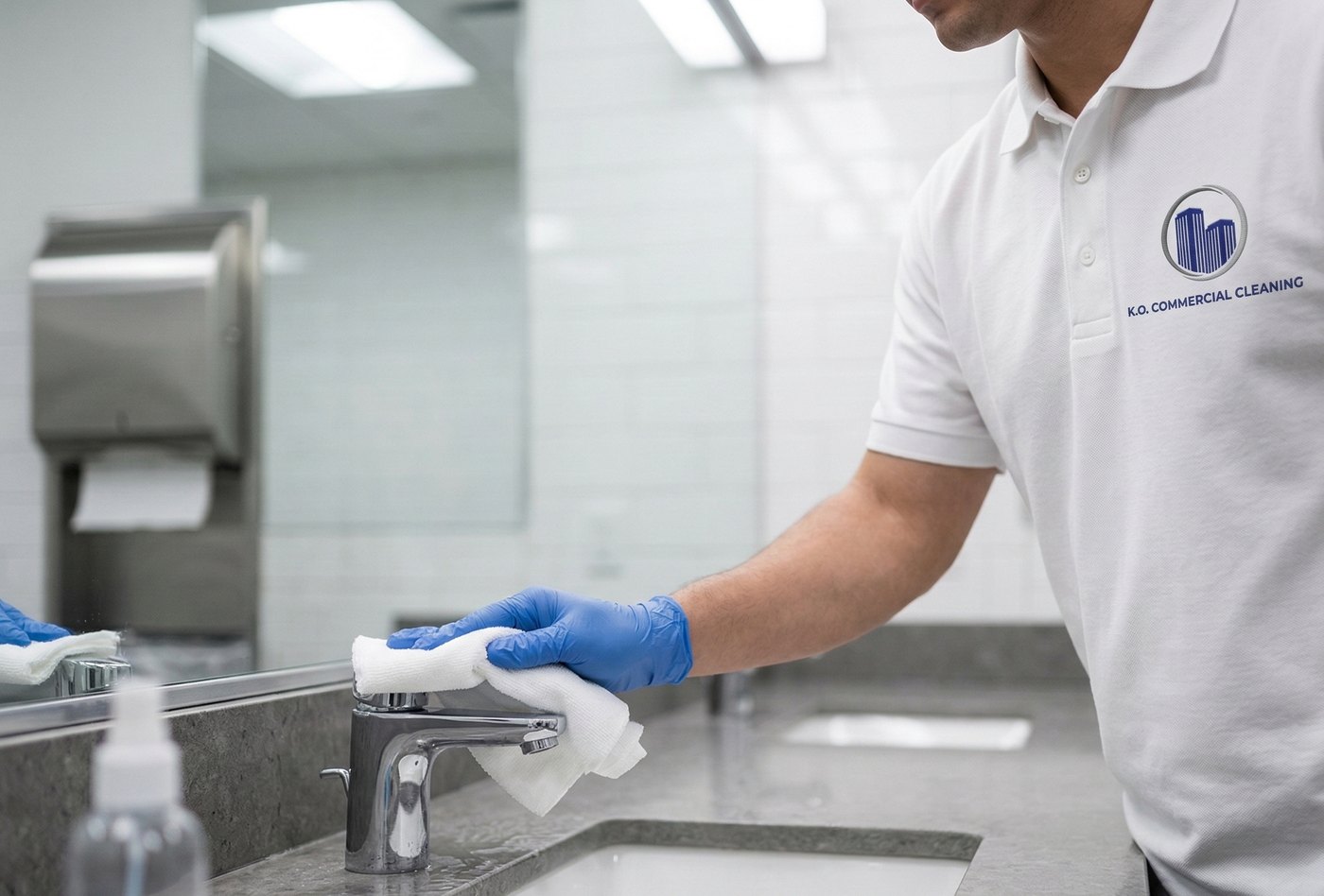 A K.O. Commercial Cleaning technician detailing a spotless commercial restroom