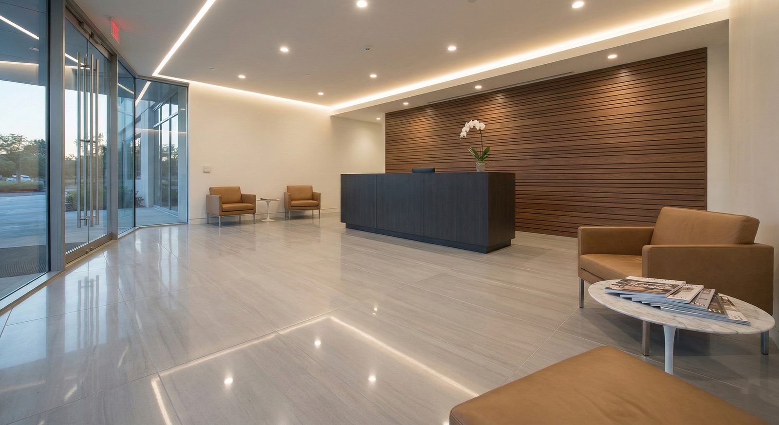 Spotless commercial lobby maintained by KO Commercial Cleaning